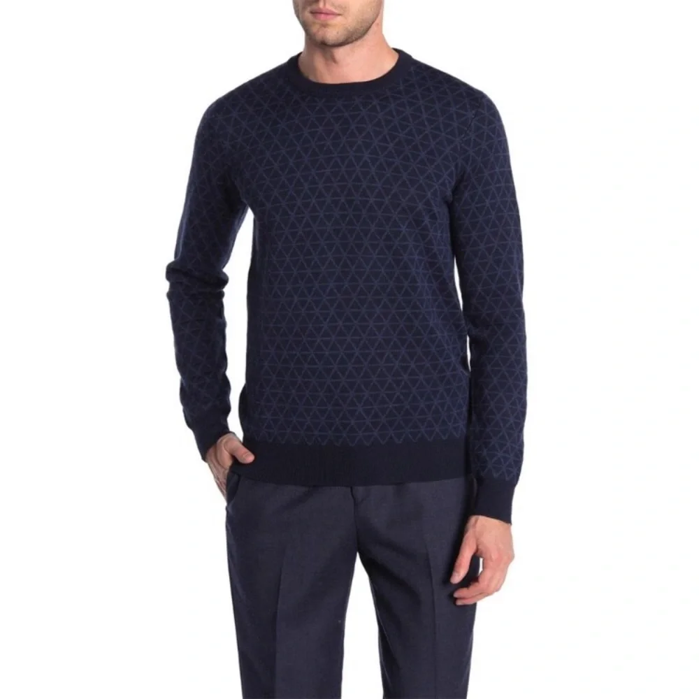 Toscano Men’s Wool Crew Neck Navy Printed Sweater - Picture 1 of 6